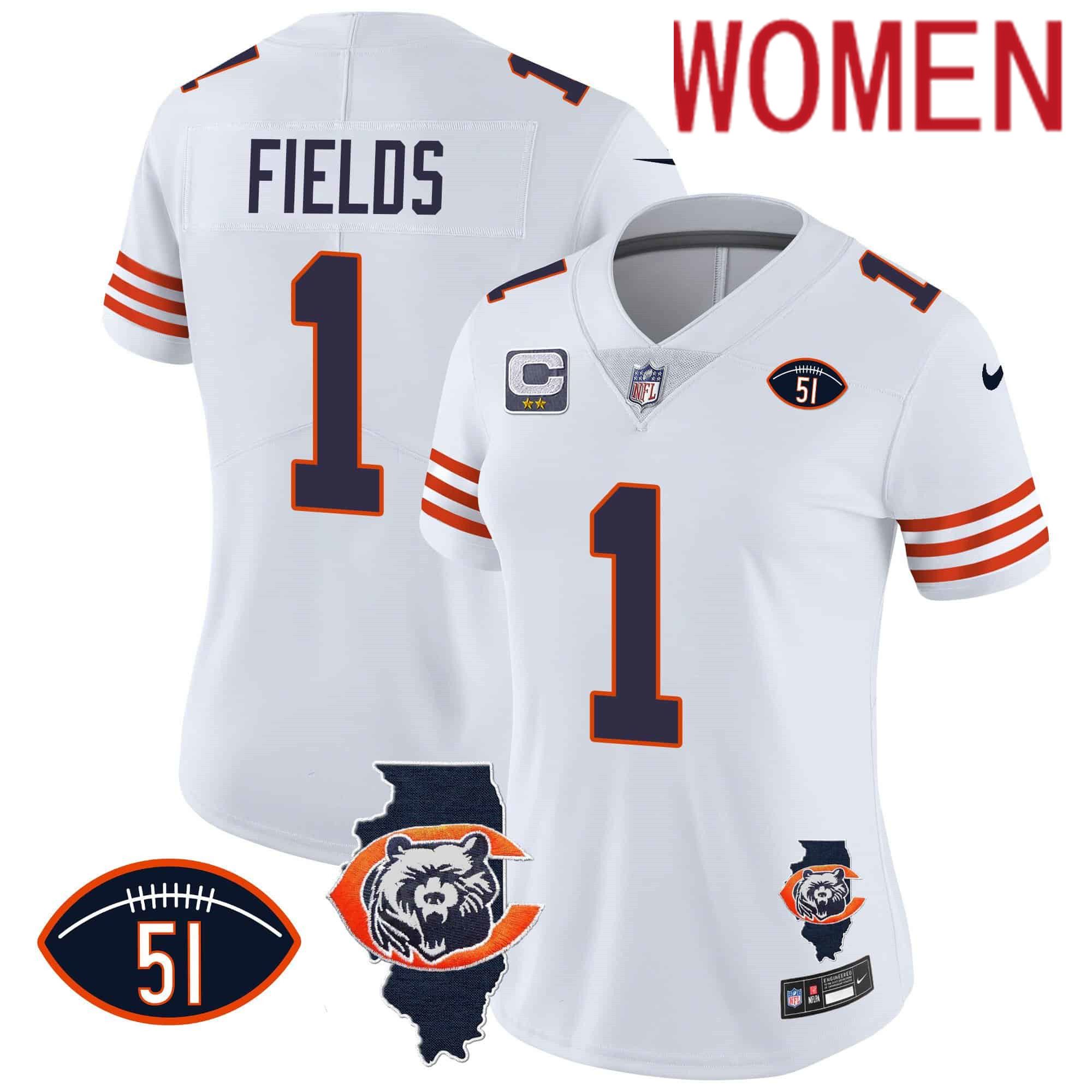 Women Chicago Bears 1 Fields White 2024 Nike Throwback Illinois Patch Vapor NFL Jersey